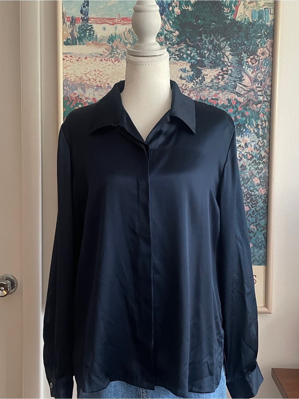Josephine Chaus 100% Silk Button Down Blouse Lrg Navy Blue Satin 90s Minimalist